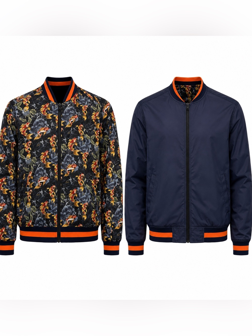 Tallia Sport Men’s Small Reversible Bomber Jacket Koi Fish Navy Orange